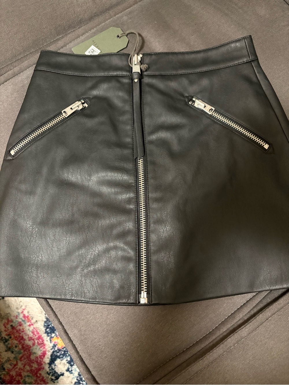 🆕 All Saints | Black Faux Leather Zip-Front Mini Skirt. Size 2.